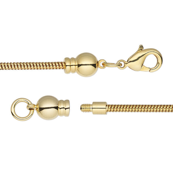 Dione®, Easy-On Chain, gold-plated brass, 2mm snake, 8-1/2 inches with 3.3mm threaded ball end and lobster claw clasp. Sold individually. image number 0