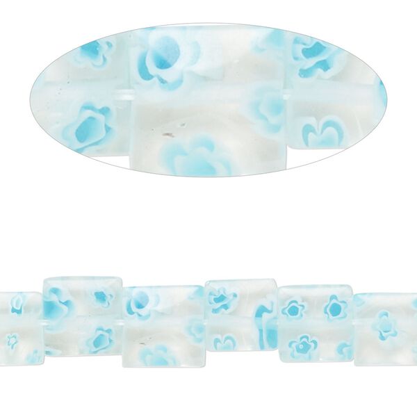 Bead, millefiori glass, translucent clear / blue / white, 7mm-9x8mm puffed square with flower design. Sold per 14-inch strand. image number 0