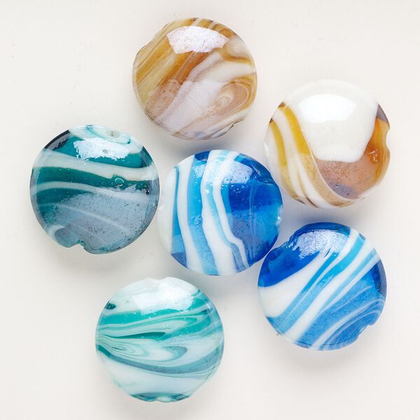 Bead, lampworked glass, opaque multicolored, 26-29mm puffed flat round with swirl design. Sold per pkg of 6. image number 0