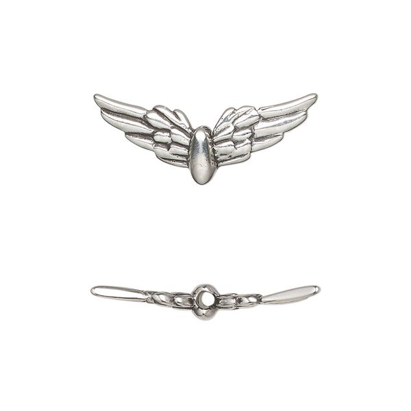 Bead, antiqued sterling silver, 24x9mm double-sided wings. Sold individually. image number 0