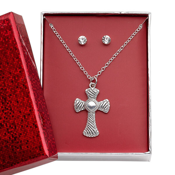 Necklace and earring set, glass rhinestone / silver-finished brass / steel / antique silver-finished "pewter" (zinc-based alloy), clear, 29x21mm fancy cross, 15" to 16" necklace with 3-inch extender chain and lobster claw clasp, 5mm round with post. Sold per set. image number 0