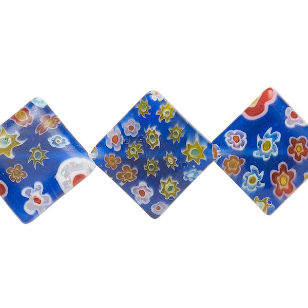 Bead, millefiori glass, translucent cobalt blue and multicolored, 17-19mm puffed diamond with flower and starburst design. Sold per 14-inch strand. image number 0