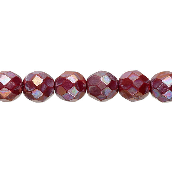 Bead, Czech fire-polished glass, opaque red nebula, 8mm faceted round. Sold per 15-1/2" to 16" strand. image number 0