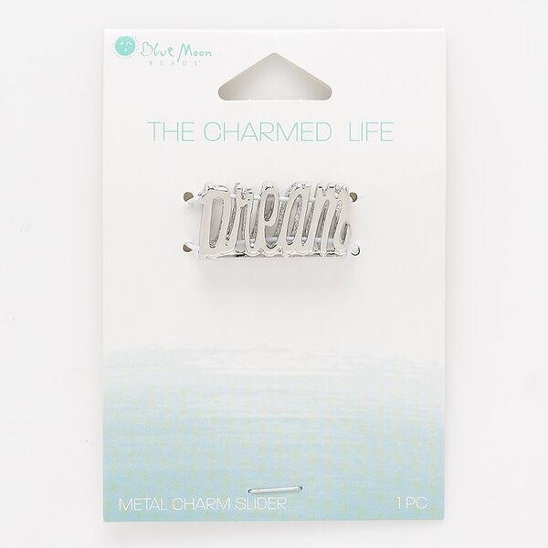 Slide, silver-finished "pewter" (zinc-based alloy), 26x13mm "Dream" with 10x2mm hole. Sold individually. image number 0