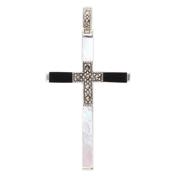 Black onyx / sterling silver / mother-of-pearl 1pkg1, cross pendant 40x25mm image number 0