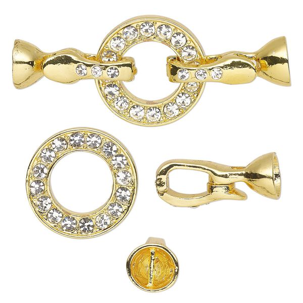 Clasp, magnetic and double latch fold-over, glass rhinestone and gold-plated "pewter" (zinc-based alloy), clear, 54x22mm flat ring with (2) 6.2mm glue-in end caps. Sold individually. image number 0