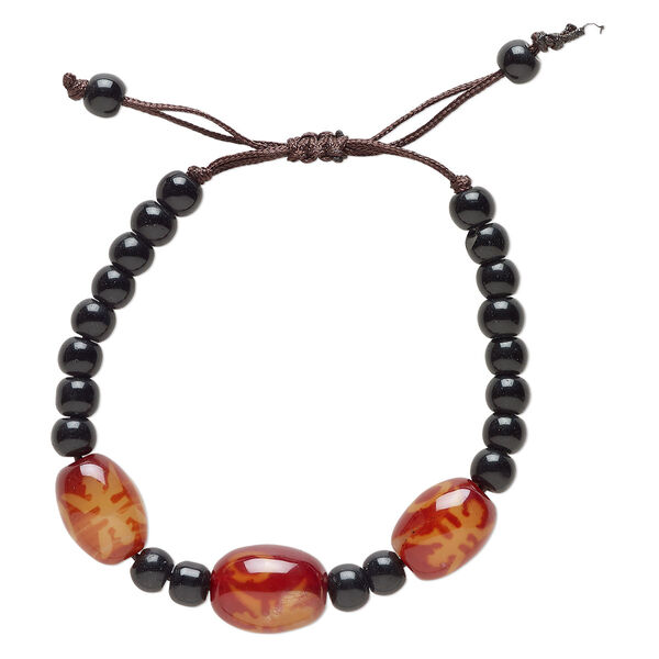 Red agate / glass / waxed cotton 1pkg1, oval bracelet adjustable 5-7.5 inch 13mm image number 0