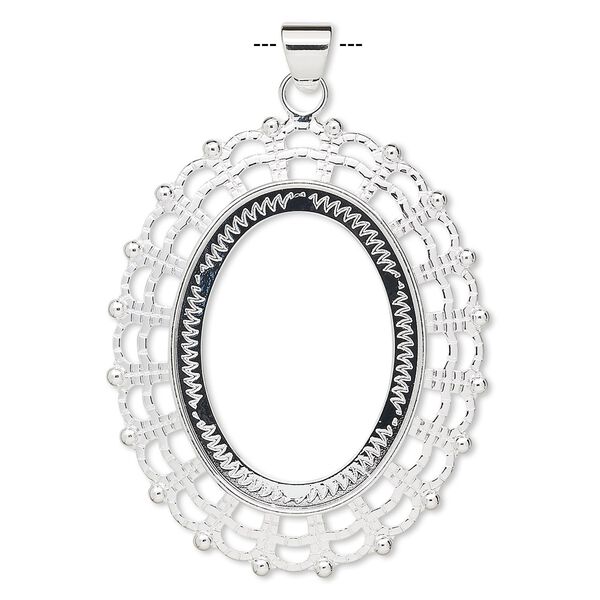 Pendant, silver-plated "pewter" (zinc-based alloy), 58x49mm fancy oval with 40x30mm oval setting. Sold per pkg of 2. image number 0