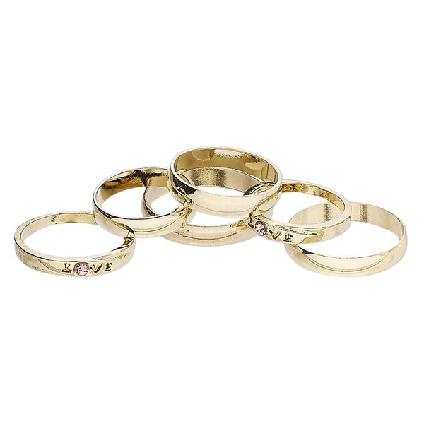 Ring mix, glass rhinestone and gold-finished brass, pink, 3mm and 4mm wide, size 5 to 12-1/2. Sold per pkg of 6. image number 0