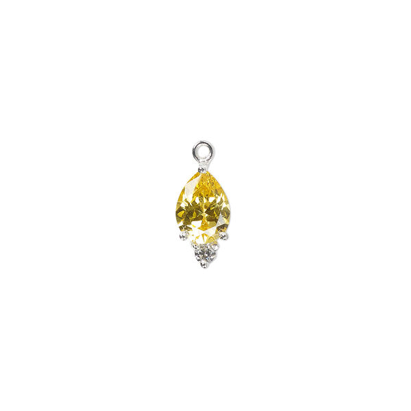 Drop, cubic zirconia and sterling silver, yellow and clear, 12x6mm faceted pear. Sold individually. image number 0