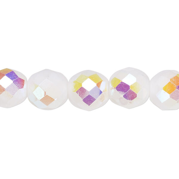 Bead, Czech fire-polished glass, opaque white AB, 10mm faceted round. Sold per 15-1/2" to 16" strand, approximately 40 beads. image number 0