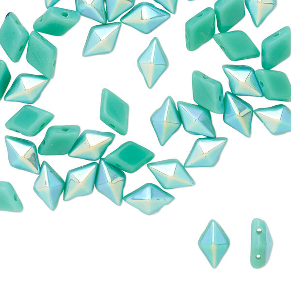 Bead, DiamonDuo™, Czech pressed glass, opaque green turquoise AB, 8x5mm faceted diamond with flat back and (2) 0.7-0.8mm holes. Sold per 50-gram pkg, approximately 350 beads. image number 0