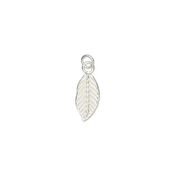 Charm, sterling silver, 10x5mm single-sided leaf with 3mm closed jump ring. Sold individually. image number 0
