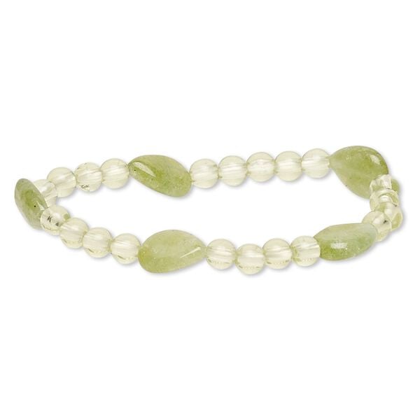 Bracelet, stretch, quartz (dyed) and acrylic, yellow-green and light green, 5-6mm round and 13x10mm-14x11mm flat teardrop, 6-1/2 inches. Sold individually. image number 0