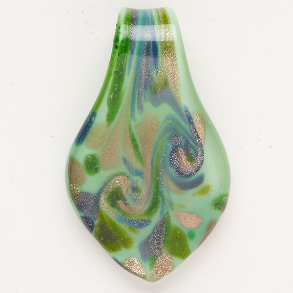 Focal, lampworked glass, opaque green and blue with copper-colored glitter, 41x24mm-46x27mm spoon. Sold individually. image number 0