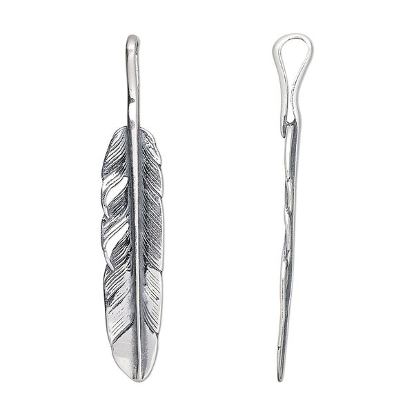 Pendant, antiqued sterling silver, 54x10mm feather. Sold individually. image number 0