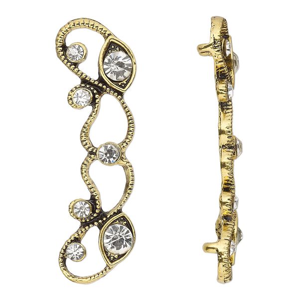 Spacer, antiqued gold-finished "pewter" (zinc-based alloy) and Czech glass rhinestone, clear, 45x13mm 2-strand with fancy design. Sold per pkg of 4. image number 0