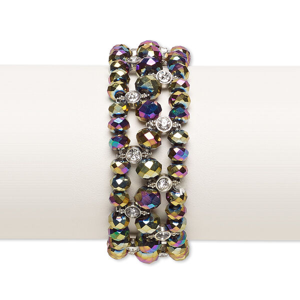 Bracelet, stretch, glass and antique silver-plated "pewter" (zinc-based alloy), clear and metallic rainbow, 26mm wide, 6 inches. Sold individually. image number 0