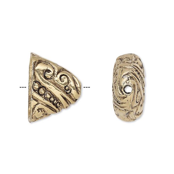 Cone, antique gold-plated pewter (tin-based alloy), 18x13x8mm flat oval with swirl and dot design, 14.5x5mm inside diameter. Sold individually. image number 0