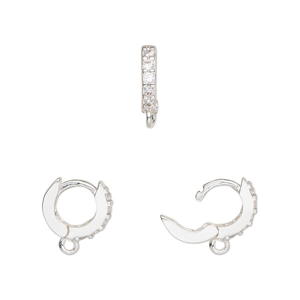 Hoop, silver-finished brass and cubic zirconia, clear, 11mm hoop, 18 gauge. Sold per pair. image number 0
