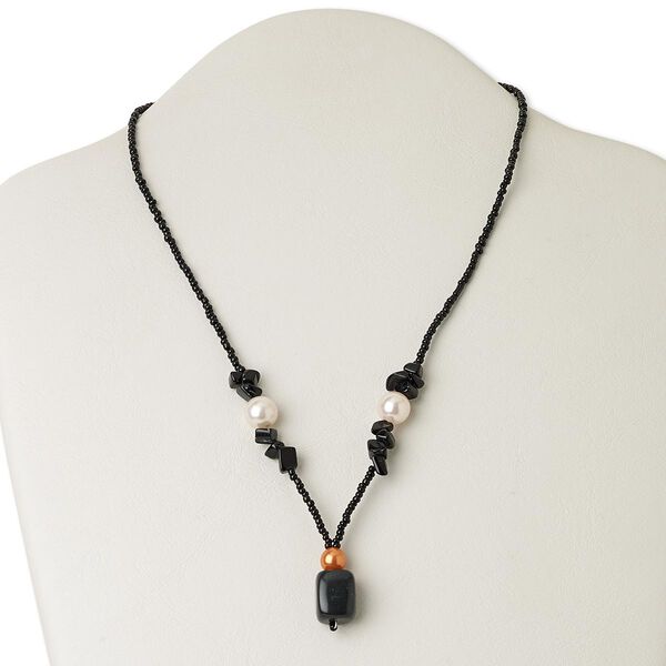 Necklace, blackstone (dyed) / glass / silver- or antiqued gold-finished "pewter" (zinc-based alloy), black / white / orange, 1-inch dangle, 17 inches with lobster claw clasp. Sold individually. image number 0