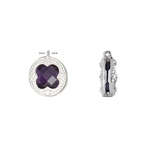 Drop, amethyst (natural) / cubic zirconia / sterling silver, clear, 12mm two-sided faceted round. Sold individually. image number 0