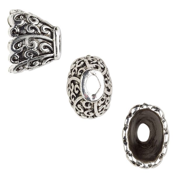 Cone, antique silver-finished "pewter" (zinc-based alloy), 16x12x12mm scalloped flat oval with scroll design, 12x8mm inside diameter. Sold per pkg of 6. image number 0
