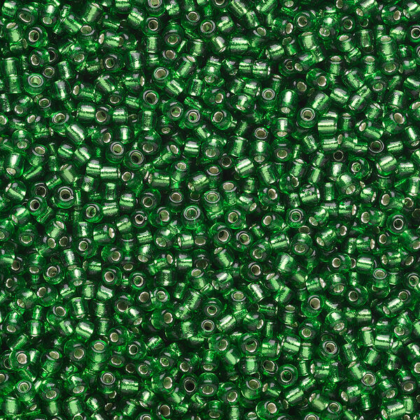 Seed bead, Ming Tree™, glass, pkg/1 pound, #11 round, transparent silver-lined green. image number 0