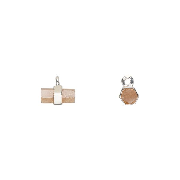 Drop sterling silver peach moonstone 1pk 8x4mm hand-cut double-sided hex, natural image number 0