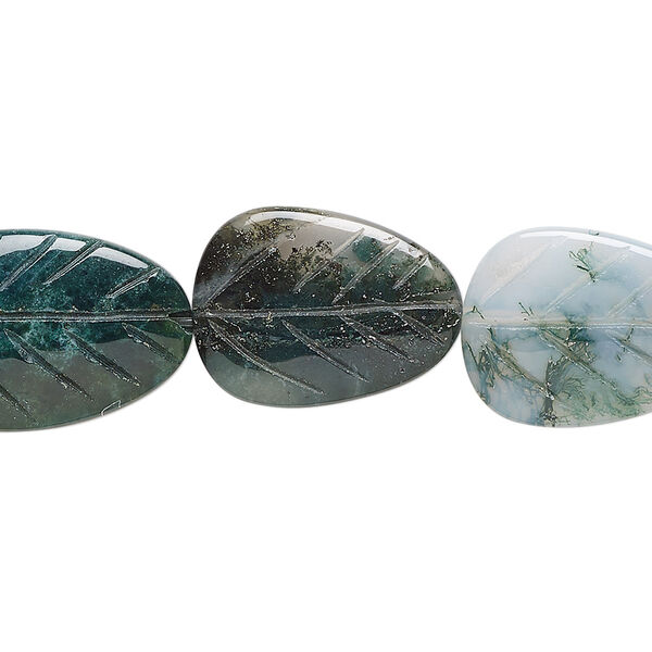 Moss agate 1pkg1, hand-cut carved leaf bead natural B grade, 8 inch 19x14mm image number 0