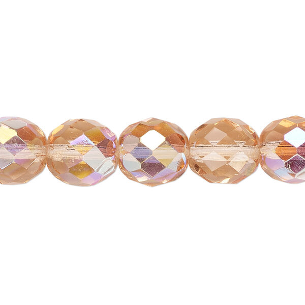 Bead, Czech fire-polished glass, light rose AB, 10mm faceted round. Sold per 15-1/2" to 16" strand. image number 0