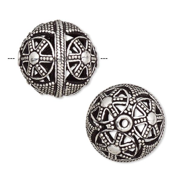 Bead, antique silver-plated brass, 19mm beaded round with circular and rope design and cutouts. Sold individually. image number 0