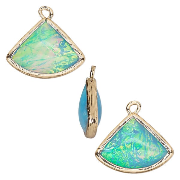 Drop, Opalized Ice™, "opal" (resin) and gold-finished brass, light blue, 19x15mm double-sided fan. Sold per pkg of 4. image number 0