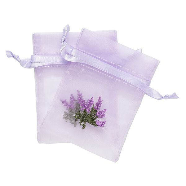 Pouch, satin and organza, purple and green, 4x3-inch rectangle with embroidered lavender and drawstring closure. Sold per pkg of 2. image number 0