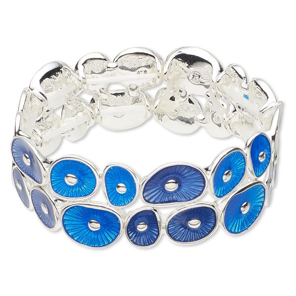 Bracelet, stretch, epoxy and silver-finished "pewter" (zinc-based alloy), light blue and dark blue, 23mm wide with circle design, 6 inches. Sold individually. image number 0