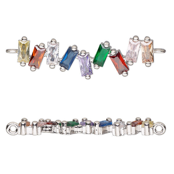 Link, cubic zirconia and silver-finished brass, multicolored, 31x9.5mm single-sided cluster. Sold individually. image number 0