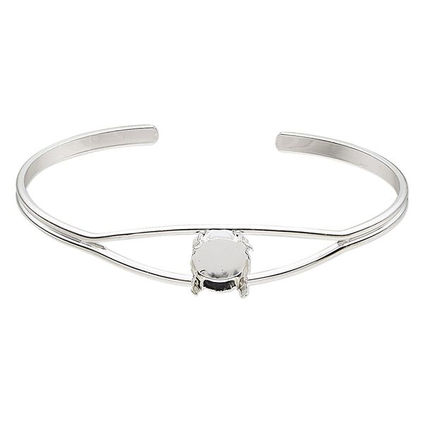 Bracelet, cuff, silver-finished brass, 11mm wide with SS47 4-prong rivoli setting, 8 inches. Sold individually. image number 0
