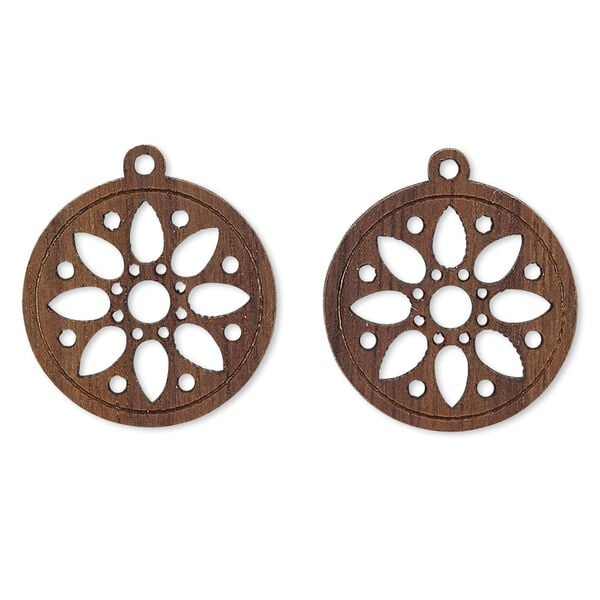 Drop, wood (natural), 19mm double-sided flat round with cutout flower design. Sold per pkg of 2. image number 0
