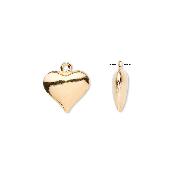 Charm, gold-plated brass, 12x11mm double-sided puffed heart. Sold per pkg of 100. image number 0