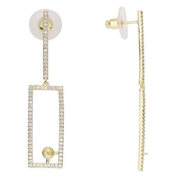 Earstud 1pkg2 cubic zirconia, 57x13mm open rectangle / 4mm cup / 2mm peg / 4-6mm half-drilled round setting / comfort clutch, gold-finished brass / plastic clear 1 pair image number 0