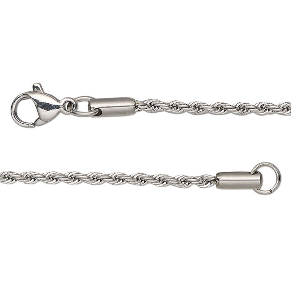 Chain, stainless steel, 2mm French rope, 16 inches with lobster claw clasp. Sold individually. image number 0
