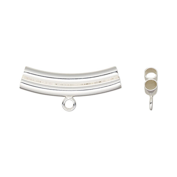 Bead, sterling silver, 25.5x8mm 2-strand curved double tube with loop. Sold individually. image number 0
