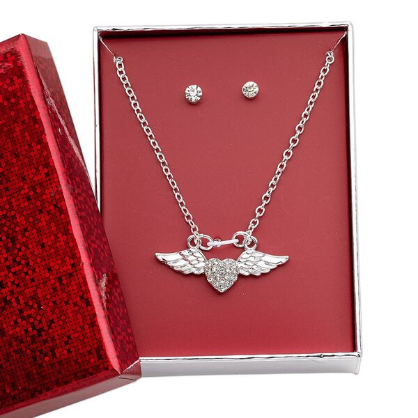 Necklace and earring set, glass rhinestone / silver-finished brass / steel / "pewter" (zinc-based alloy), clear, 34x12.5mm heart with wings, 15" to 16" necklace with 3-inch extender chain and lobster claw clasp, 4mm round with post. Sold per set. image number 0