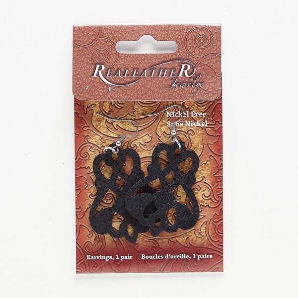 Earring, suede and silver-finished "pewter" (zinc-based alloy), black, 2-1/2 to 2-3/4 inches with cutout design. Sold per pair. image number 0