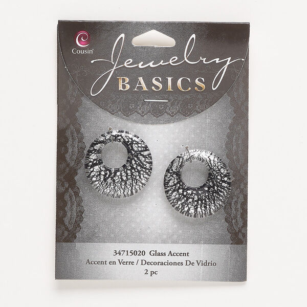 Component, glass, black and clear, 25mm single-sided go-go with silver-colored foil. Sold per pkg of 2. image number 0