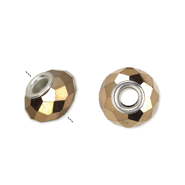 Bead, Dione®, glass and silver-plated brass grommets, 32-facet, opaque metallic dark gold, 14x9mm faceted rondelle. Sold per pkg of 6. image number 0