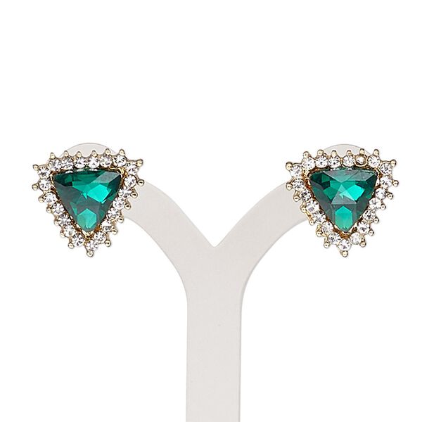 Earring, glass / glass rhinestone / stainless steel / gold-finished "pewter" (zinc-based alloy), emerald green and clear, 16mm triangle with post. Sold per pair. image number 0