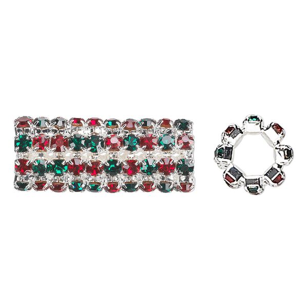 Bead, glass rhinestone and silver-finished brass, ruby red and emerald green, 32x13mm cylinder with 3mm chatons, 7.5mm hole. Sold individually. image number 0