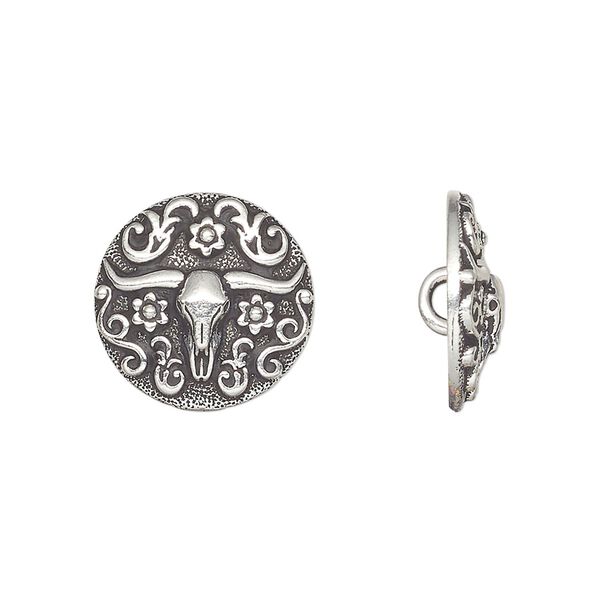 Button, TierraCast®, antique silver-plated pewter (tin-based alloy), 16mm round with longhorn design. Sold per pkg of 20. image number 0