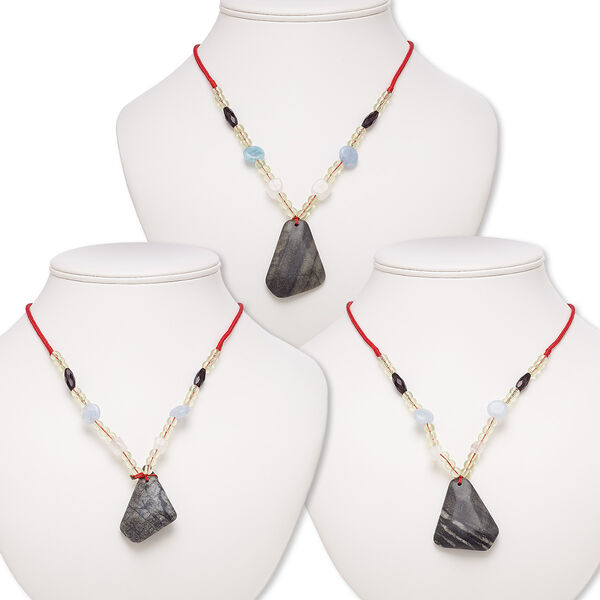 Multi-gemstone / acrylic / glass 1pkg3, freeform pendant necklace mix continuous loop 20 inch 36x26mm-54x37mm image number 0
